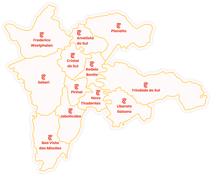 Mapa de cobertura CZNet - Rio Grande do Sul com cidades atendidas