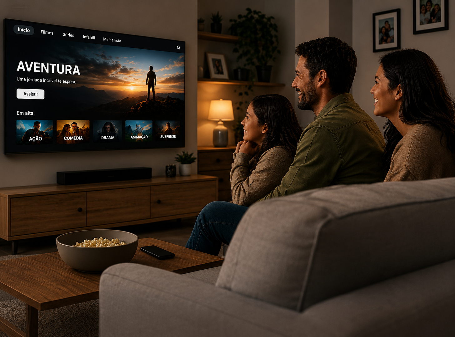 Família assistindo TV em casa com internet CZnet