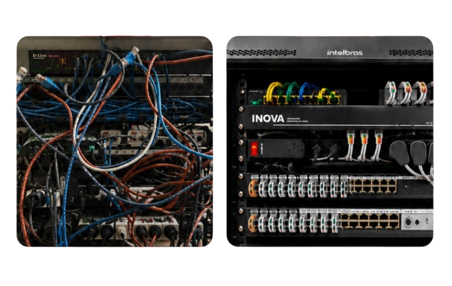Infraestrutura de rede desorganizada à esquerda e organizada à direita